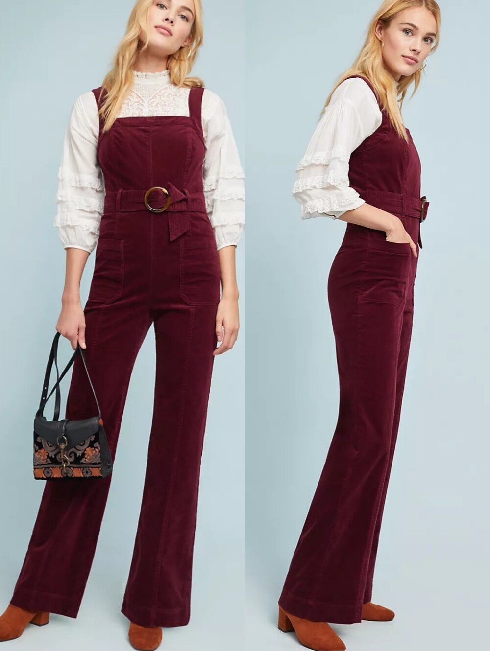 Anthropologie Pilcro Burgundy Leather Corduroy Jumpsuit Overalls Wide Leg Sz 12